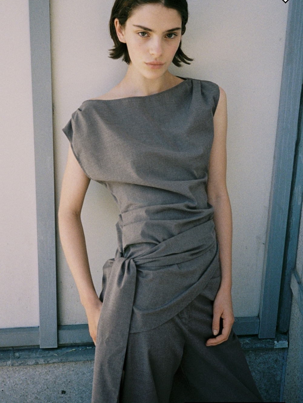 H&M Grey One-Shoulder Draped Tie-Waist Dress